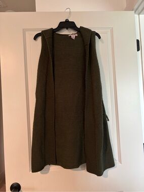 Olive Green Hooded Open-Front Knit Cardigan